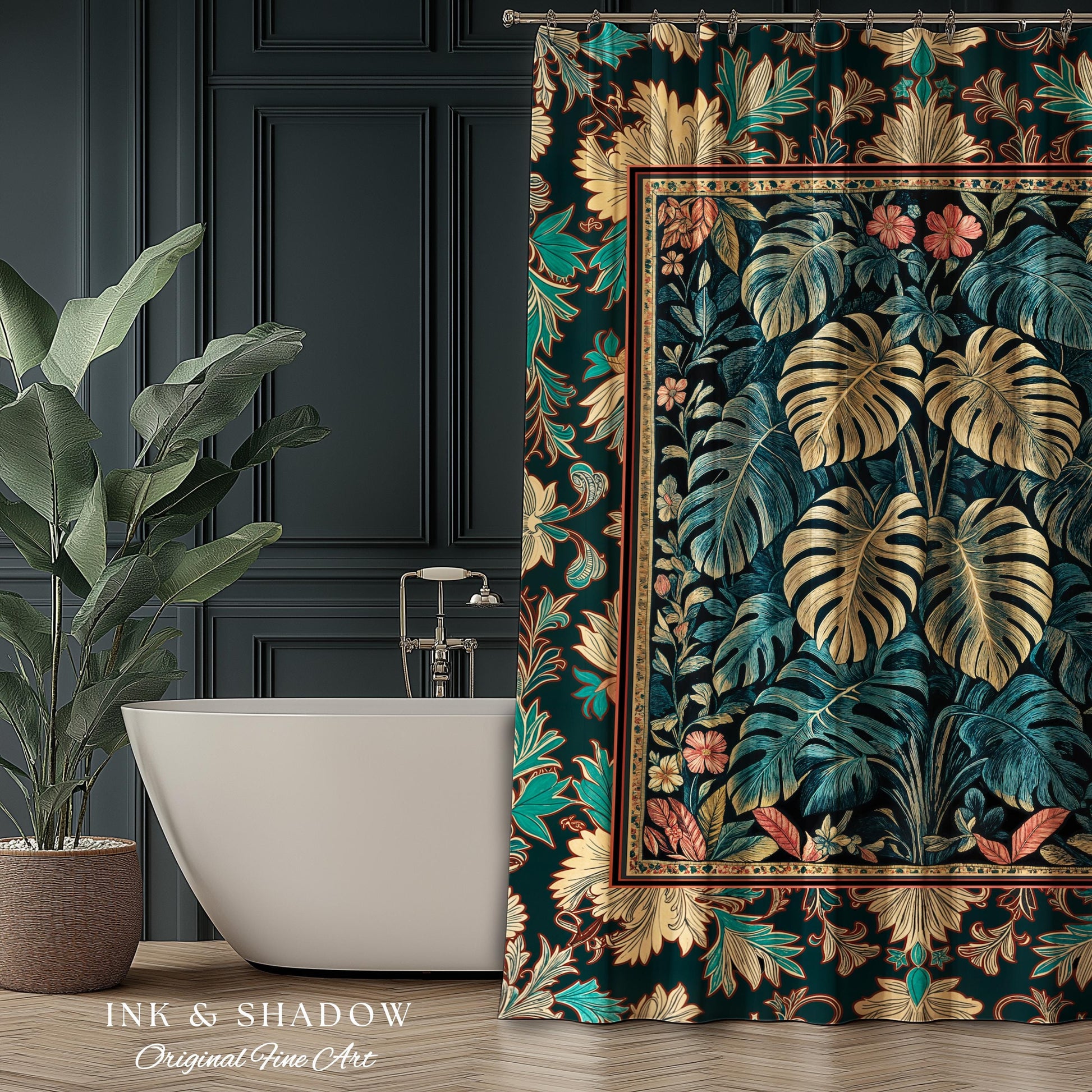 Romantic Tropigoth Shower Curtain | Woodland Victorian Floral Houseplant Whimsical Gothic Aesthetic Monstera Plant Lover Bathroom Decor Boho