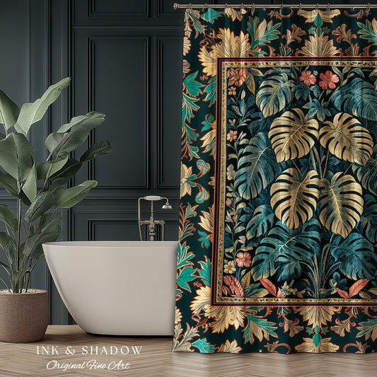 Romantic Tropigoth Shower Curtain | Woodland Victorian Floral Houseplant Whimsical Gothic Aesthetic Monstera Plant Lover Bathroom Decor Boho
