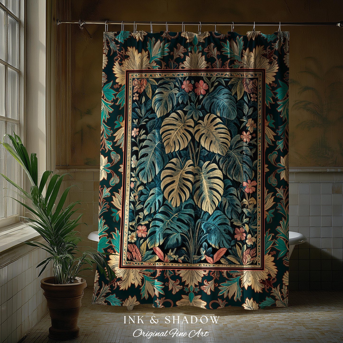 Romantic Tropigoth Shower Curtain | Woodland Victorian Floral Houseplant Whimsical Gothic Aesthetic Monstera Plant Lover Bathroom Decor Boho