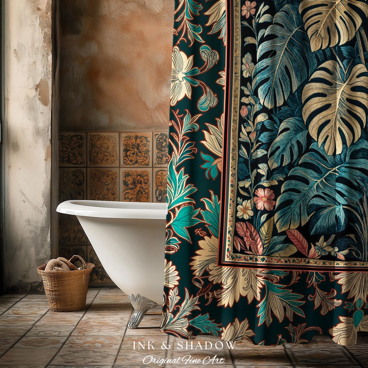 Romantic Tropigoth Shower Curtain | Woodland Victorian Floral Houseplant Whimsical Gothic Aesthetic Monstera Plant Lover Bathroom Decor Boho