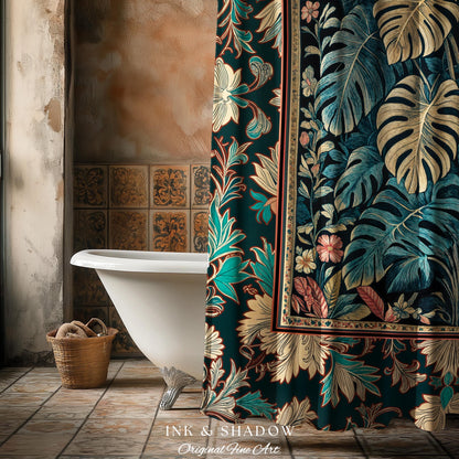 Romantic Tropigoth Shower Curtain | Woodland Victorian Floral Houseplant Whimsical Gothic Aesthetic Monstera Plant Lover Bathroom Decor Boho