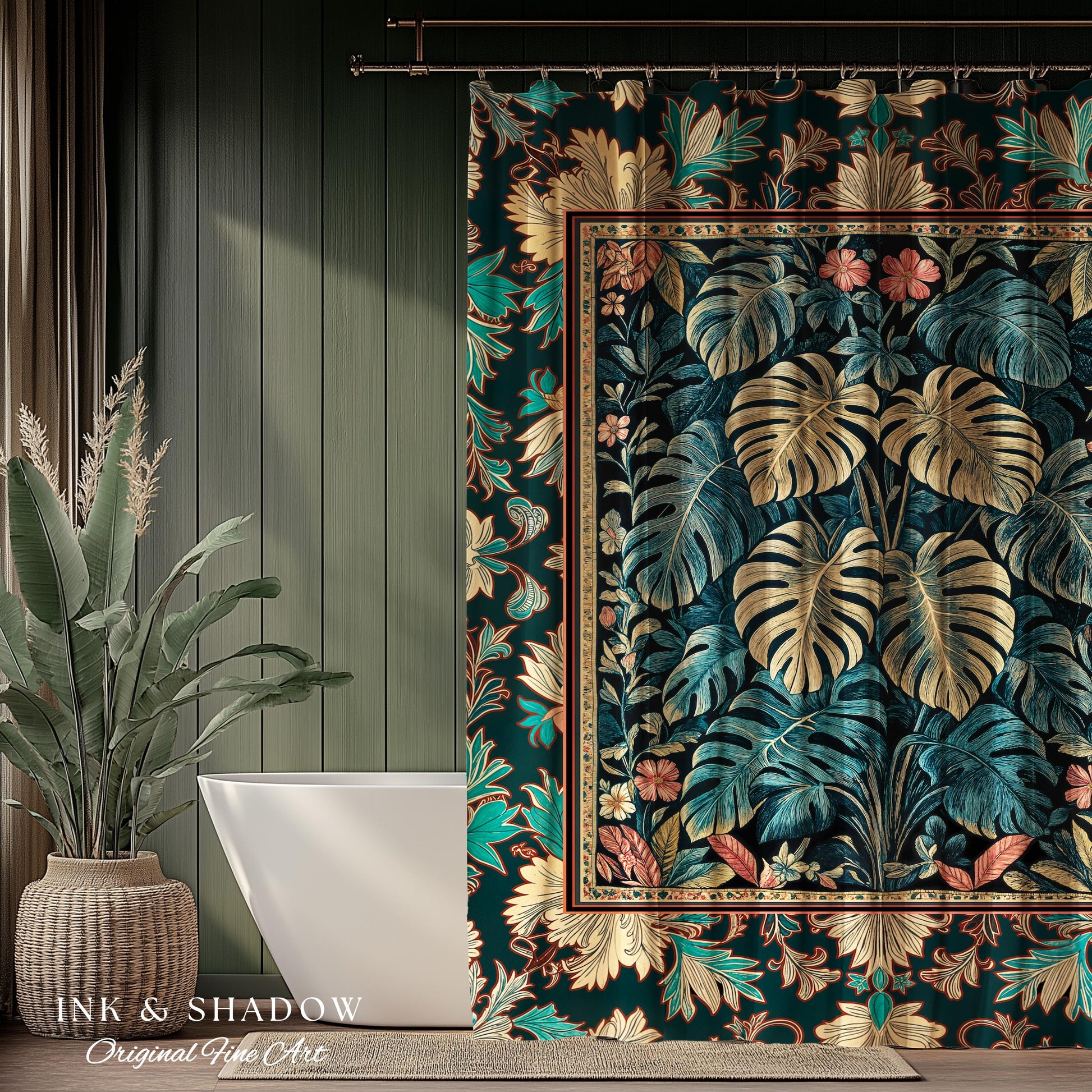 Romantic Tropigoth Shower Curtain | Woodland Victorian Floral Houseplant Whimsical Gothic Aesthetic Monstera Plant Lover Bathroom Decor Boho