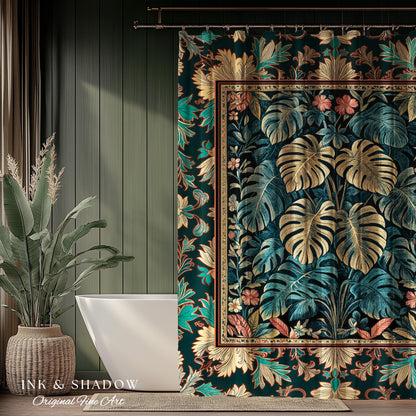 Romantic Tropigoth Shower Curtain | Woodland Victorian Floral Houseplant Whimsical Gothic Aesthetic Monstera Plant Lover Bathroom Decor Boho