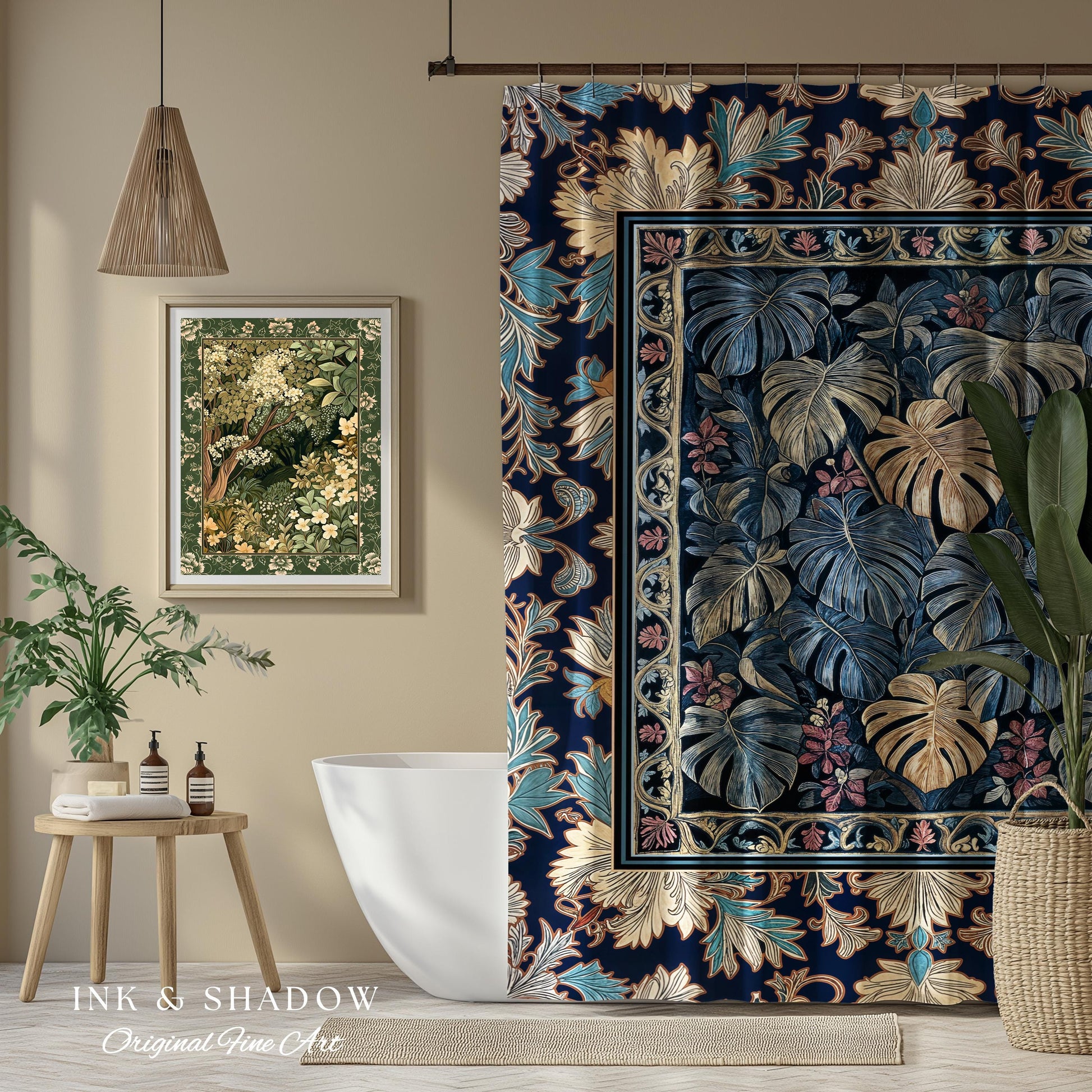 Monstera Magic Moody Shower Curtain | Dark Victorian Floral Eclectic Unique Houseplant Decor Whimsical Gothic Aesthetic Bathroom Decor |