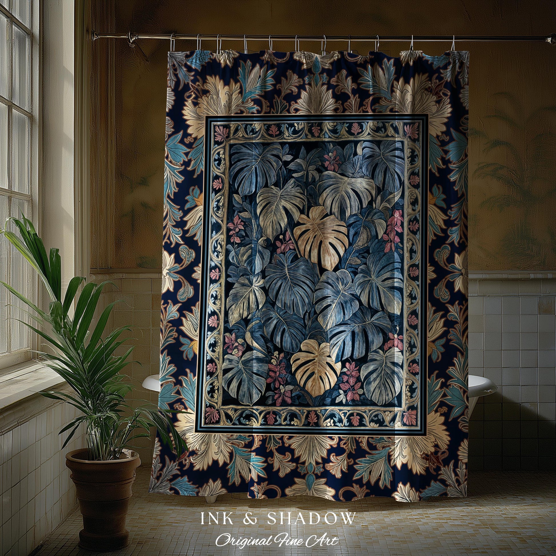 Monstera Magic Moody Shower Curtain | Dark Victorian Floral Eclectic Unique Houseplant Decor Whimsical Gothic Aesthetic Bathroom Decor |