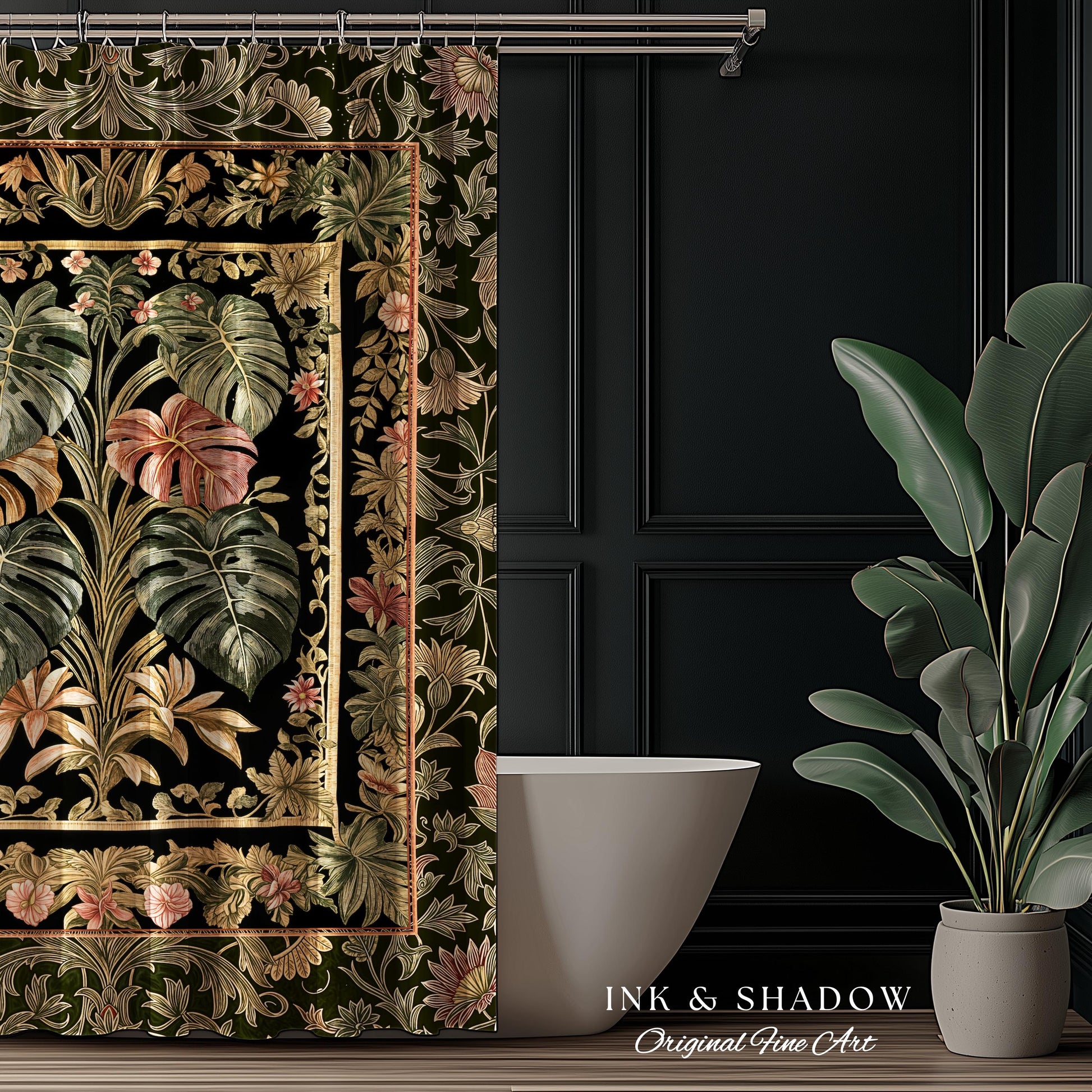 Plant Lover Home Decor Botanical Shower Curtain | Victorian Goth Romantic Renaissance Cottagecore Woodland Maximalist Bathroom Boho Tropical