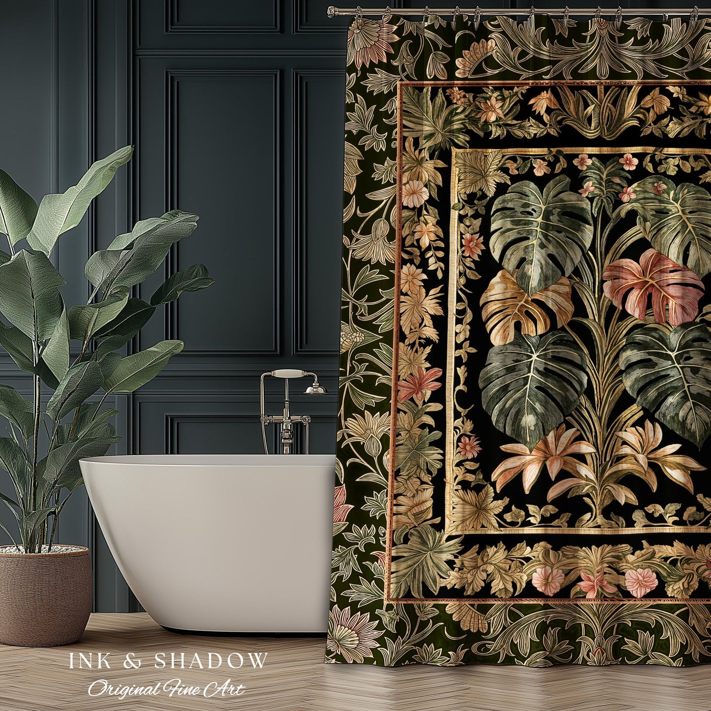 Plant Lover Home Decor Botanical Shower Curtain | Victorian Goth Romantic Renaissance Cottagecore Woodland Maximalist Bathroom Boho Tropical