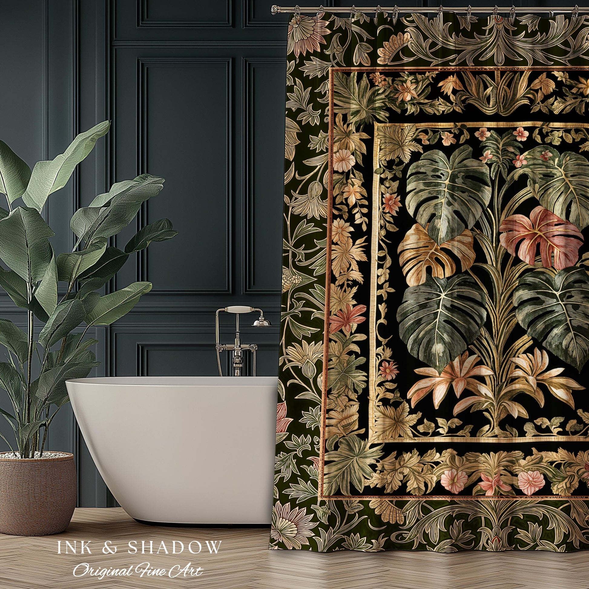 Plant Lover Home Decor Botanical Shower Curtain | Victorian Goth Romantic Renaissance Cottagecore Woodland Maximalist Bathroom Boho Tropical