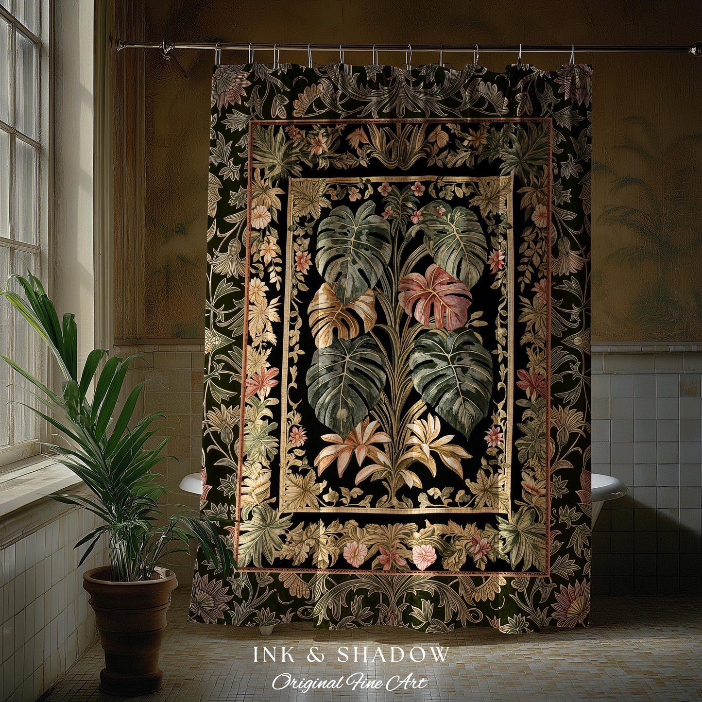 Plant Lover Home Decor Botanical Shower Curtain | Victorian Goth Romantic Renaissance Cottagecore Woodland Maximalist Bathroom Boho Tropical