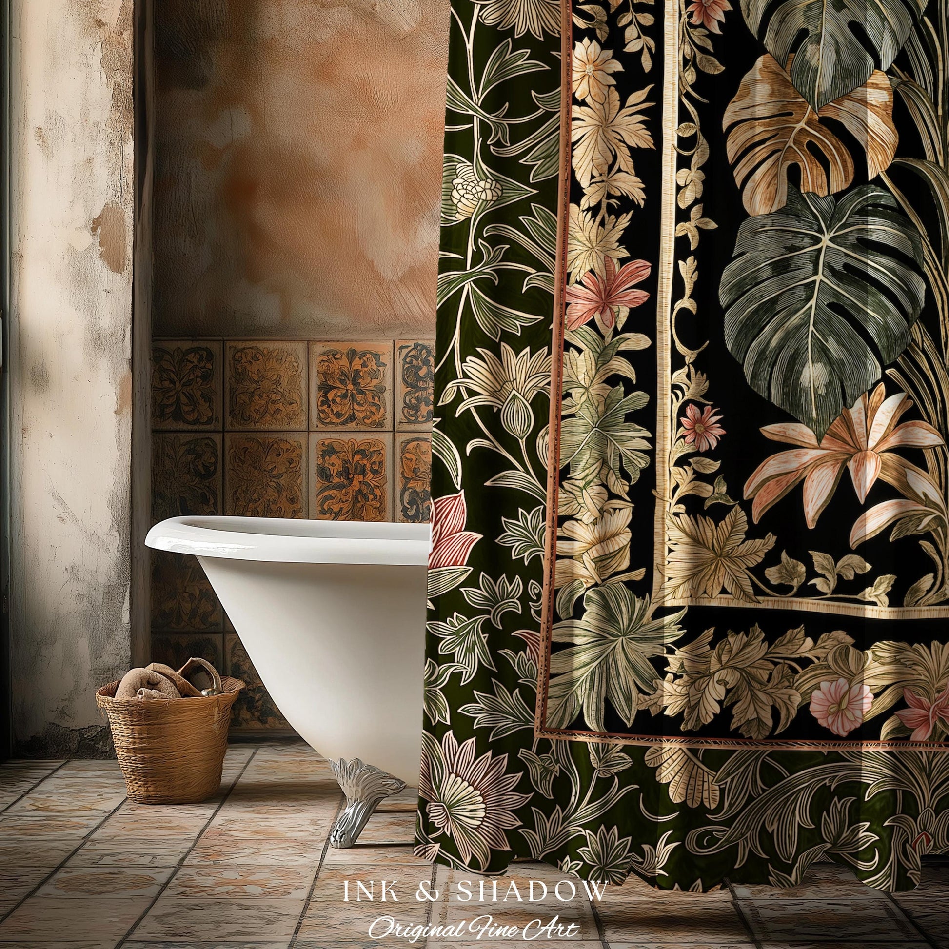 Plant Lover Home Decor Botanical Shower Curtain | Victorian Goth Romantic Renaissance Cottagecore Woodland Maximalist Bathroom Boho Tropical