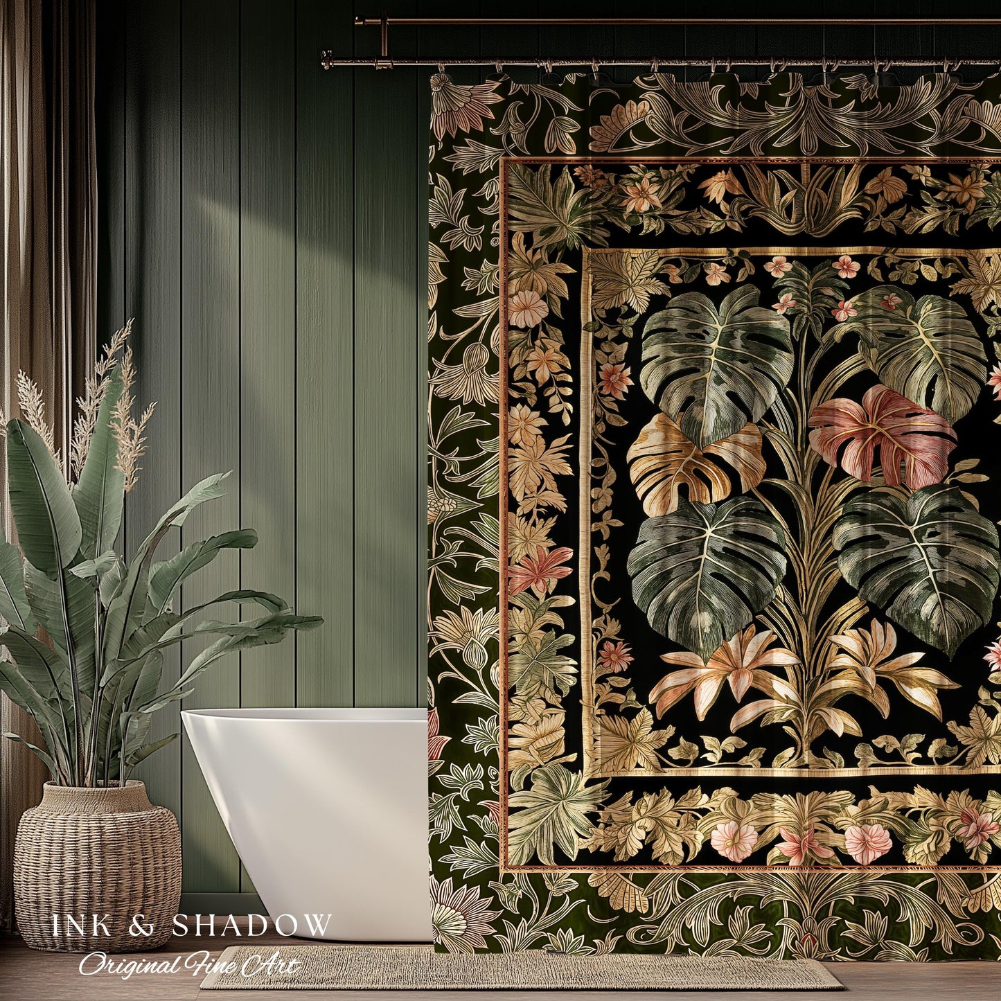 Plant Lover Home Decor Botanical Shower Curtain | Victorian Goth Romantic Renaissance Cottagecore Woodland Maximalist Bathroom Boho Tropical