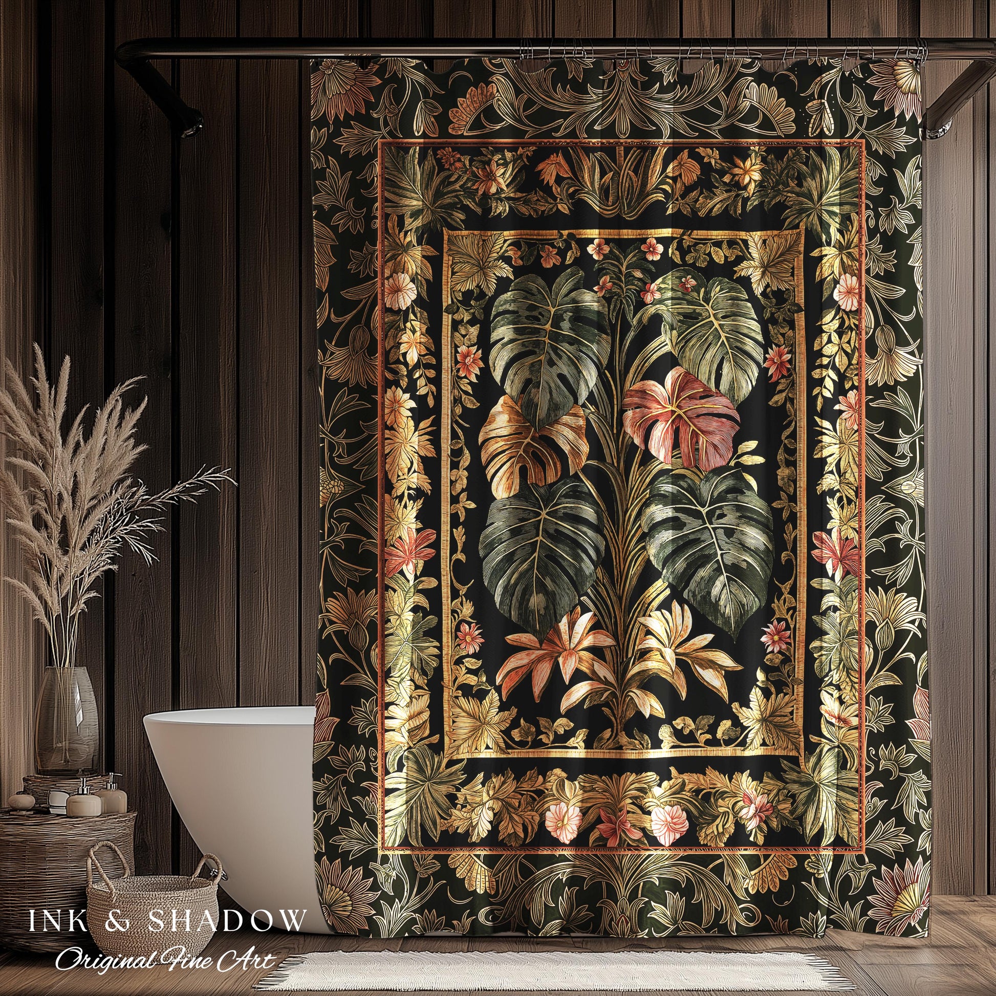 Plant Lover Home Decor Botanical Shower Curtain | Victorian Goth Romantic Renaissance Cottagecore Woodland Maximalist Bathroom Boho Tropical