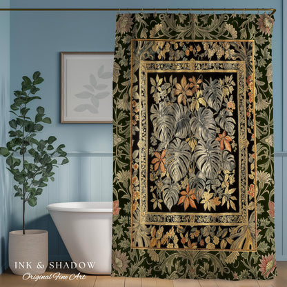 Whimsical Maximalist Cozy Shower Curtain | Dark Victorian Houseplant Monstera Deliciosa Romantic Victorian Floral Maximalist Jungle Bathroom