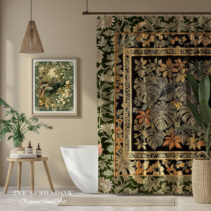 Whimsical Maximalist Cozy Shower Curtain | Dark Victorian Houseplant Monstera Deliciosa Romantic Victorian Floral Maximalist Jungle Bathroom