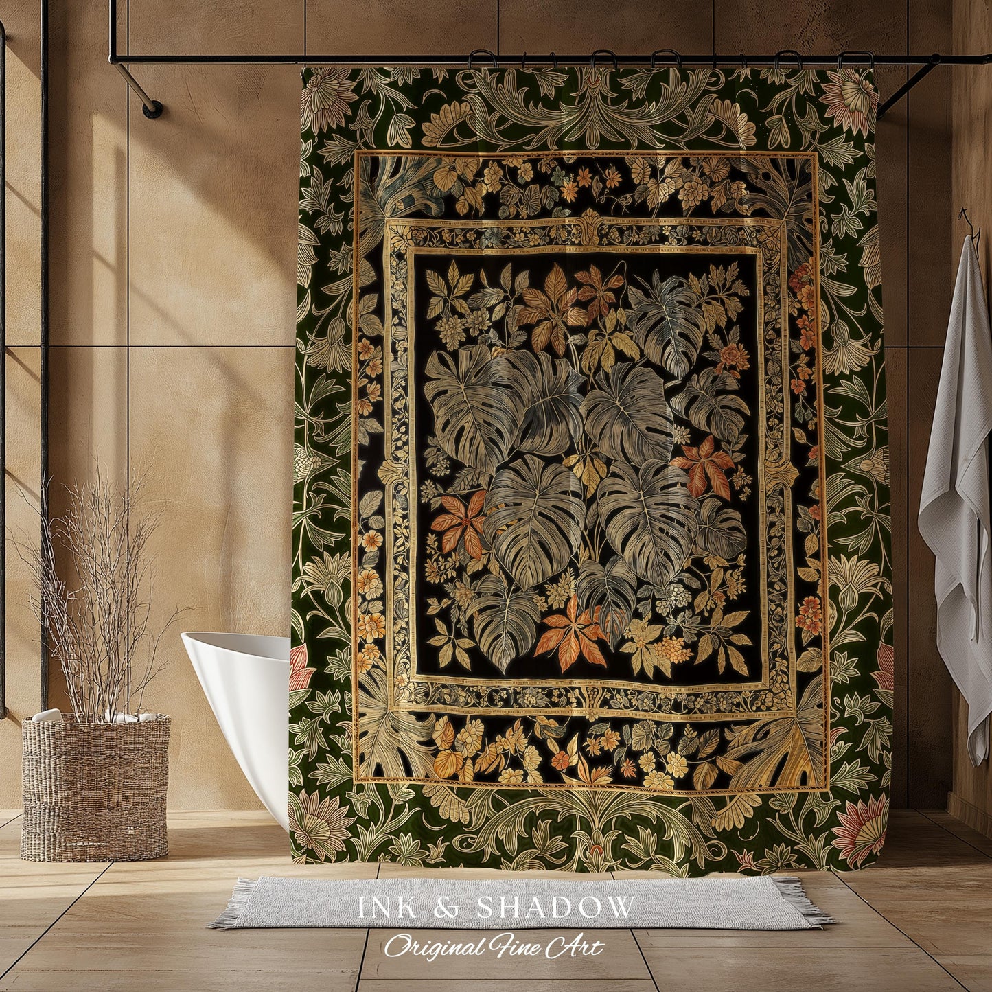 Whimsical Maximalist Cozy Shower Curtain | Dark Victorian Houseplant Monstera Deliciosa Romantic Victorian Floral Maximalist Jungle Bathroom
