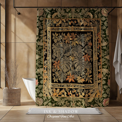 Whimsical Maximalist Cozy Shower Curtain | Dark Victorian Houseplant Monstera Deliciosa Romantic Victorian Floral Maximalist Jungle Bathroom
