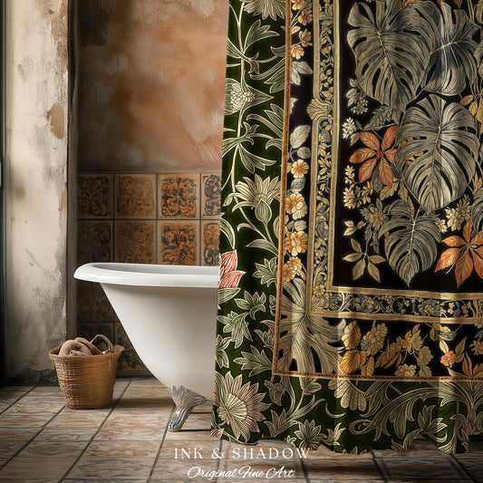 Whimsical Maximalist Cozy Shower Curtain | Dark Victorian Houseplant Monstera Deliciosa Romantic Victorian Floral Maximalist Jungle Bathroom