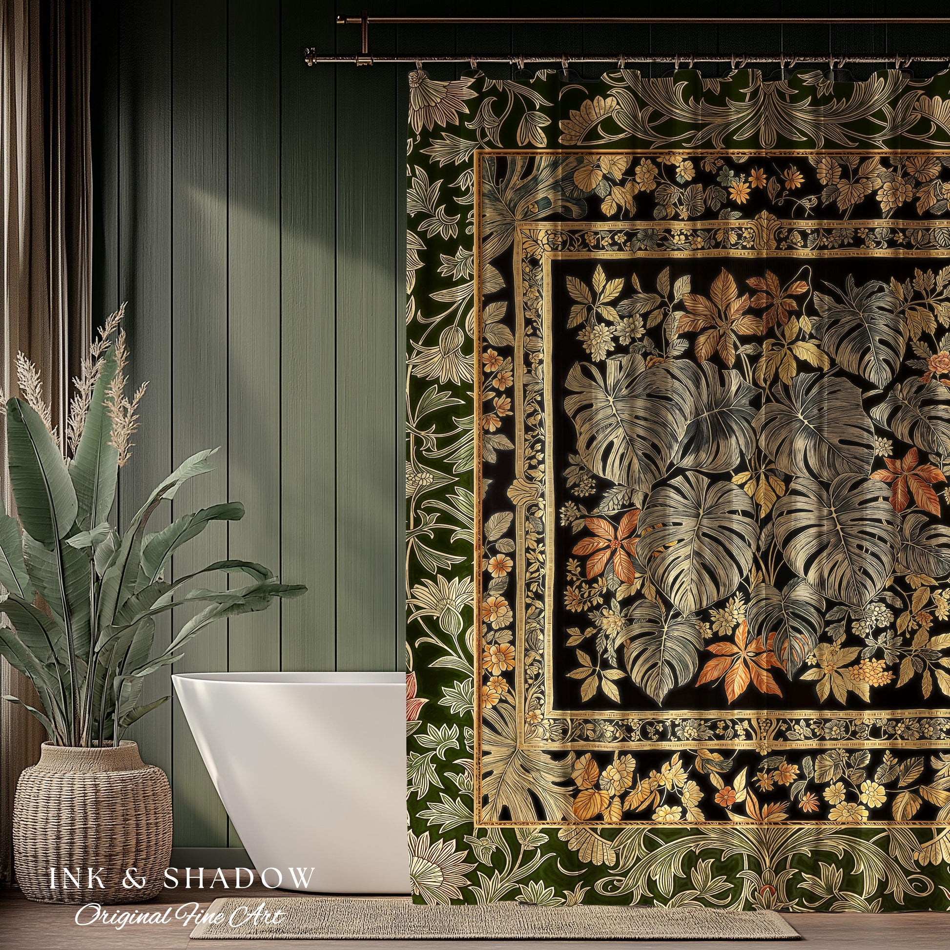Whimsical Maximalist Cozy Shower Curtain | Dark Victorian Houseplant Monstera Deliciosa Romantic Victorian Floral Maximalist Jungle Bathroom