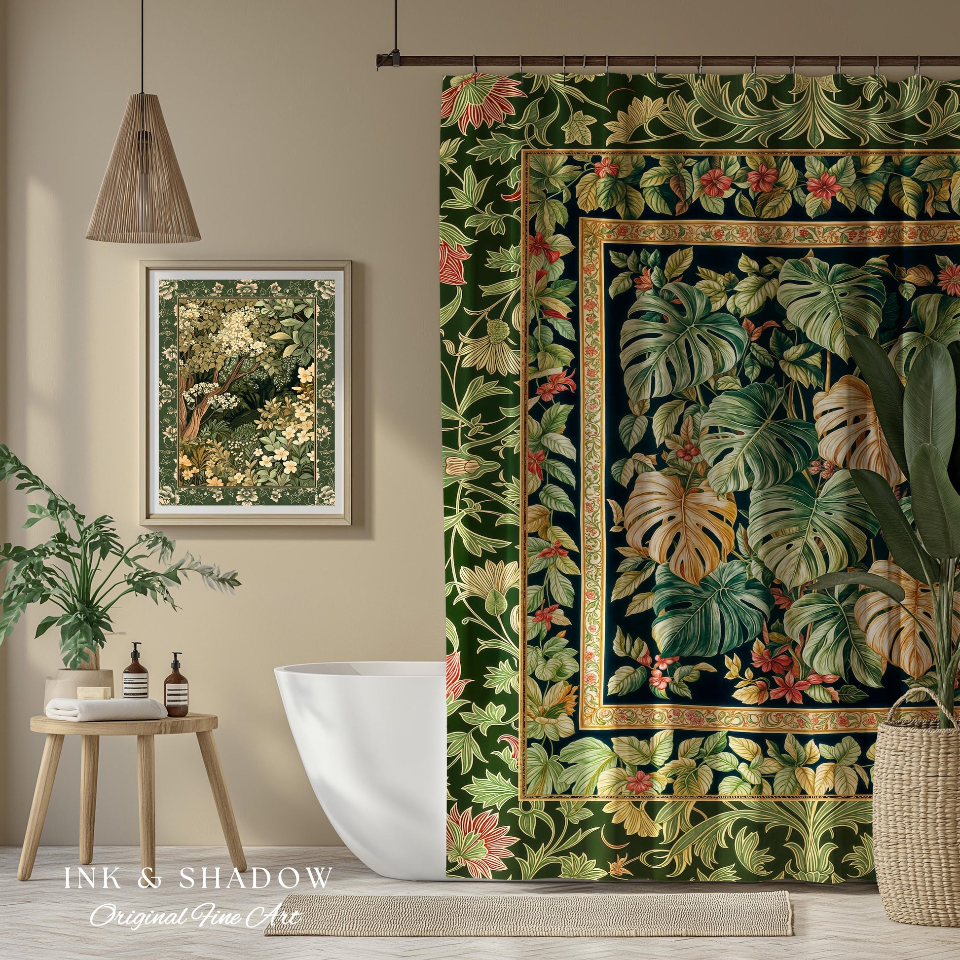 Eclectic Maximalist Monstera Shower Curtain | Dark Floral Houseplant Lover Botanical Whimsical Bathroom Tropical Aesthetic Housewarming Gift