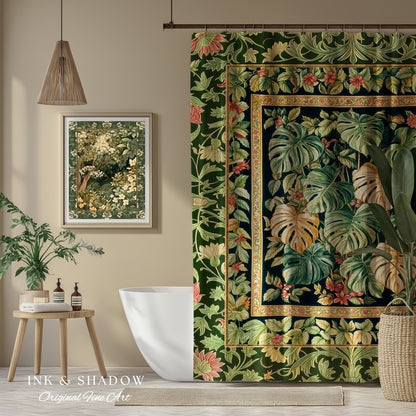 Eclectic Maximalist Monstera Shower Curtain | Dark Floral Houseplant Lover Botanical Whimsical Bathroom Tropical Aesthetic Housewarming Gift