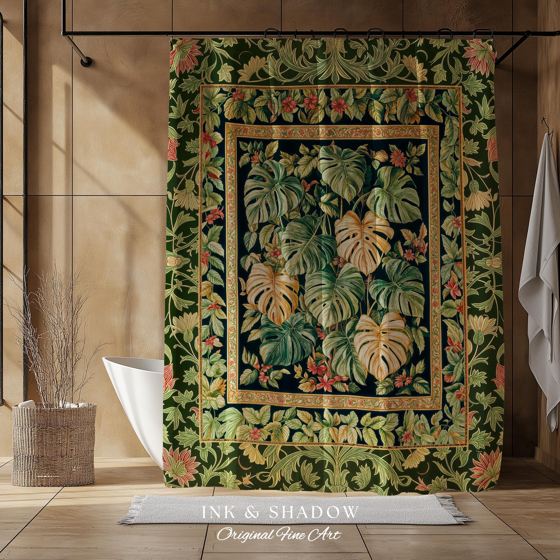 Eclectic Maximalist Monstera Shower Curtain | Dark Floral Houseplant Lover Botanical Whimsical Bathroom Tropical Aesthetic Housewarming Gift