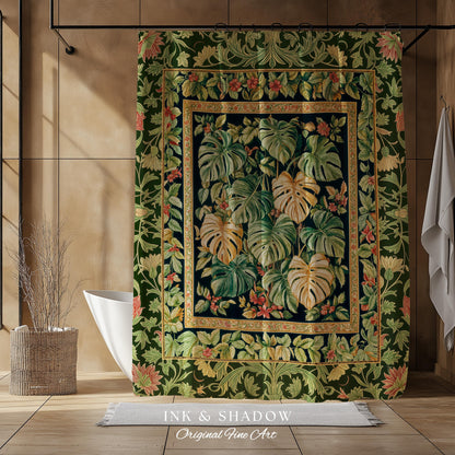 Eclectic Maximalist Monstera Shower Curtain | Dark Floral Houseplant Lover Botanical Whimsical Bathroom Tropical Aesthetic Housewarming Gift