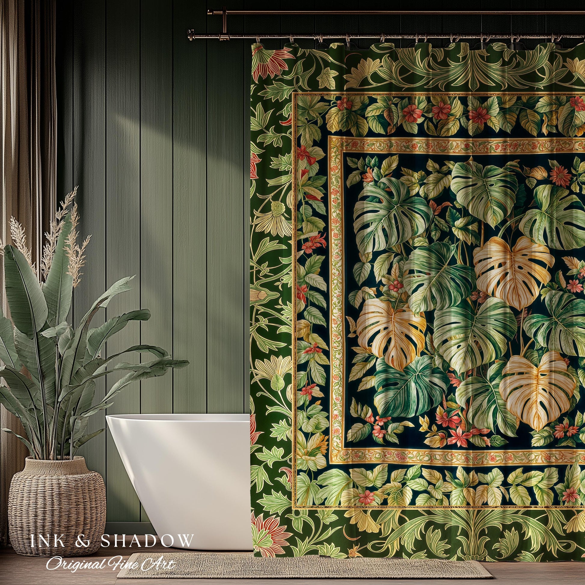 Eclectic Maximalist Monstera Shower Curtain | Dark Floral Houseplant Lover Botanical Whimsical Bathroom Tropical Aesthetic Housewarming Gift