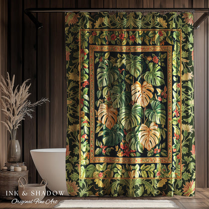 Eclectic Maximalist Monstera Shower Curtain | Dark Floral Houseplant Lover Botanical Whimsical Bathroom Tropical Aesthetic Housewarming Gift