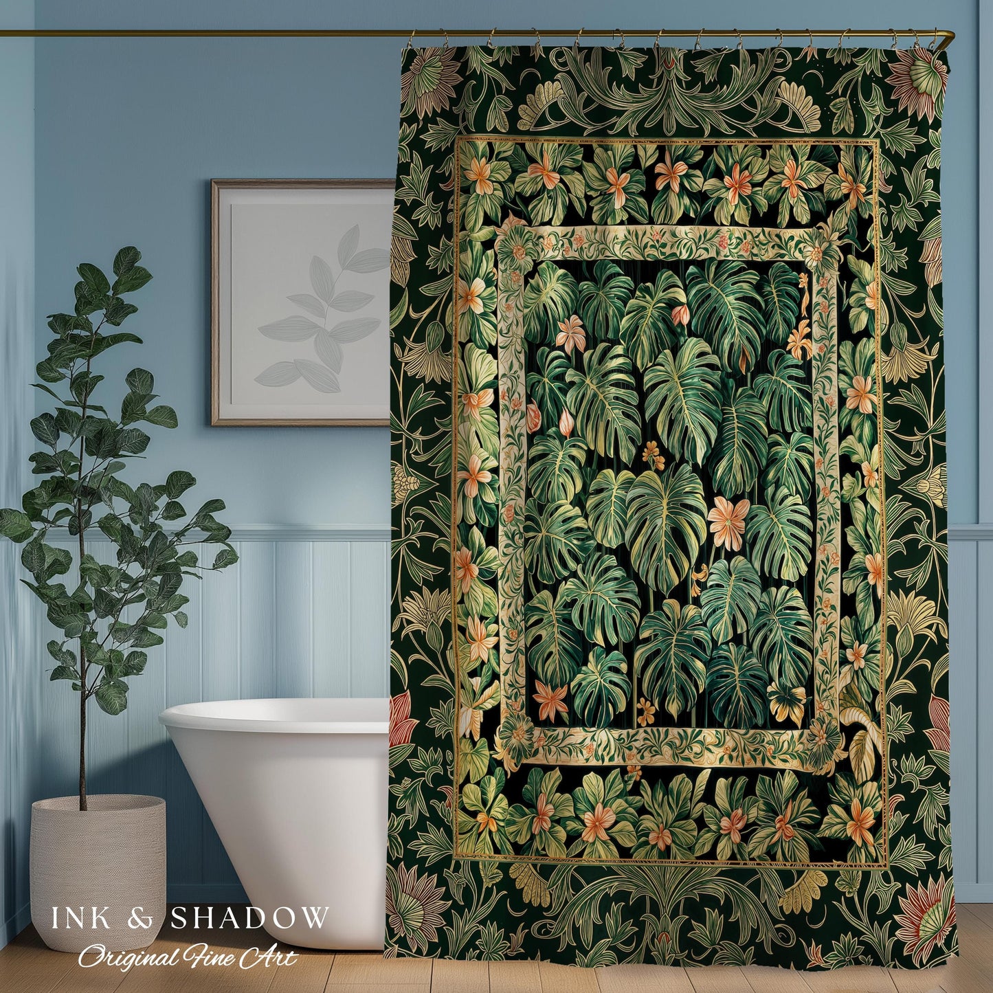 Emerald Green Rich Botanical Shower Curtain | Dark Victorian Floral Houseplant Lover Whimsical Bathroom Decor Maximalist Aesthetic Monstera