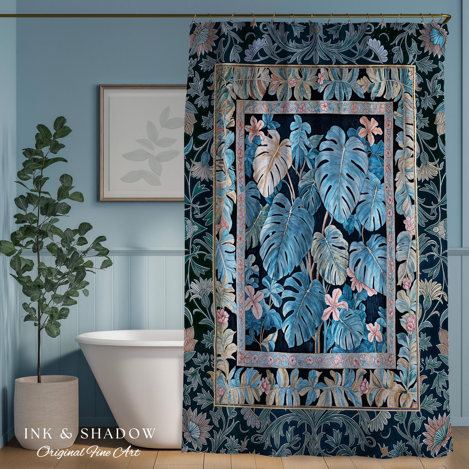 Ornate Floral Tropical Shower Curtain | Ethereal Woodland Dark Victorian Floral Houseplant Whimsical Gothic Aesthetic Monstera Bathroom |