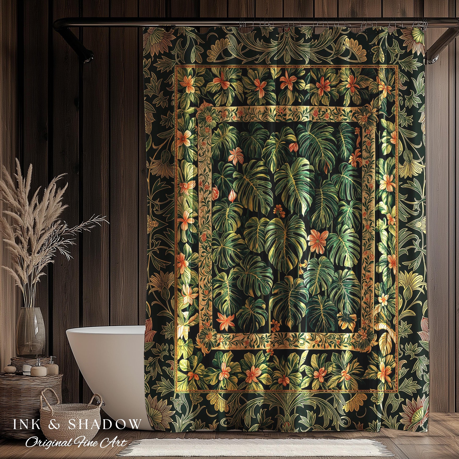 Emerald Green Rich Botanical Shower Curtain | Dark Victorian Floral Houseplant Lover Whimsical Bathroom Decor Maximalist Aesthetic Monstera
