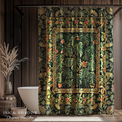 Emerald Green Rich Botanical Shower Curtain | Dark Victorian Floral Houseplant Lover Whimsical Bathroom Decor Maximalist Aesthetic Monstera