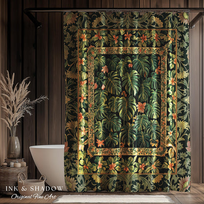 Emerald Green Rich Botanical Shower Curtain | Dark Victorian Floral Houseplant Lover Whimsical Bathroom Decor Maximalist Aesthetic Monstera