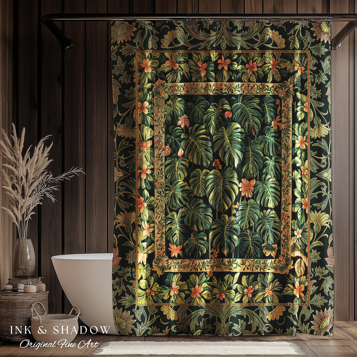 Emerald Green Rich Botanical Shower Curtain | Dark Victorian Floral Houseplant Lover Whimsical Bathroom Decor Maximalist Aesthetic Monstera