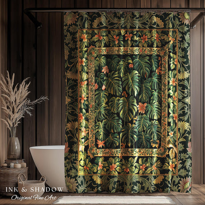 Emerald Green Rich Botanical Shower Curtain | Dark Victorian Floral Houseplant Lover Whimsical Bathroom Decor Maximalist Aesthetic Monstera