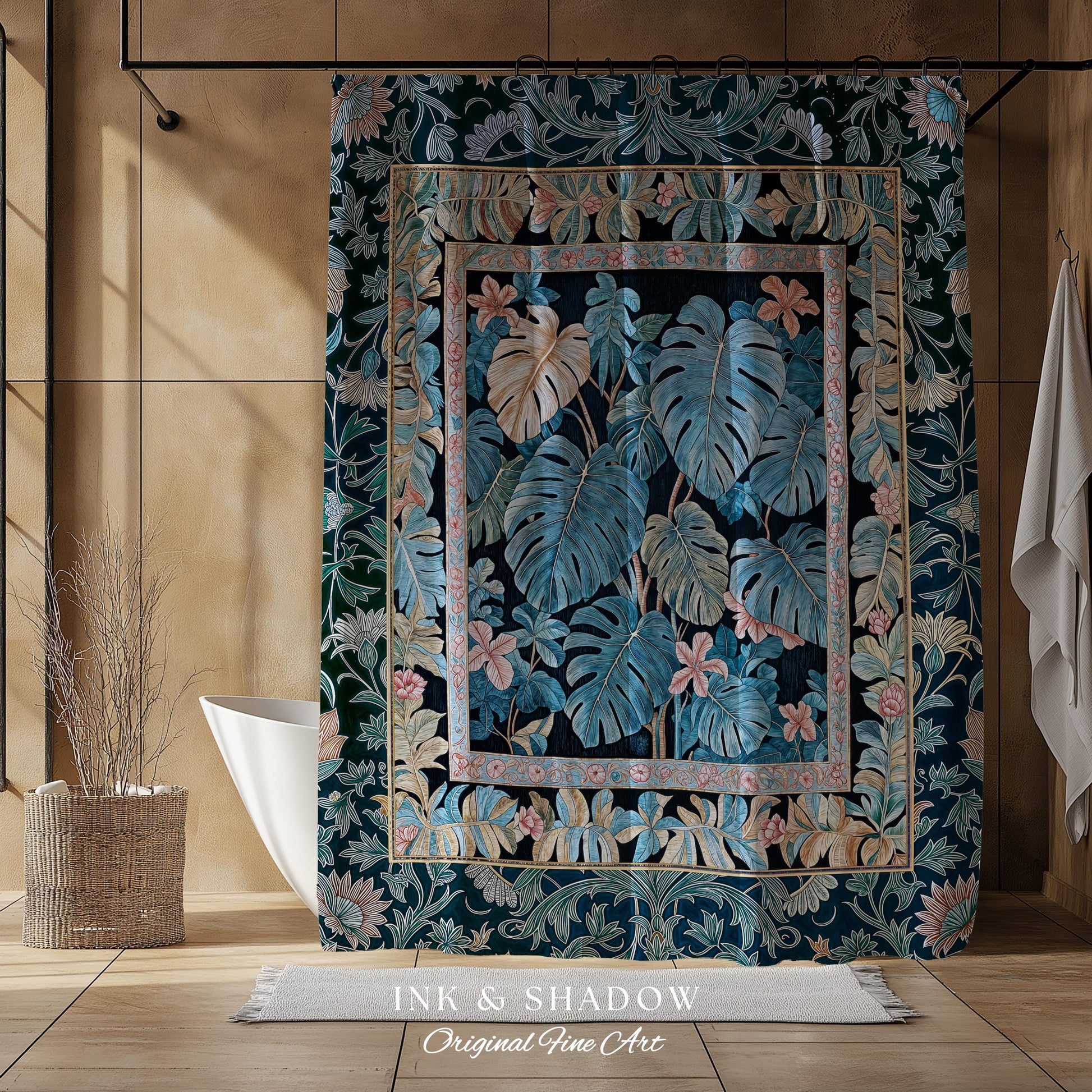 Ornate Floral Tropical Shower Curtain | Ethereal Woodland Dark Victorian Floral Houseplant Whimsical Gothic Aesthetic Monstera Bathroom |
