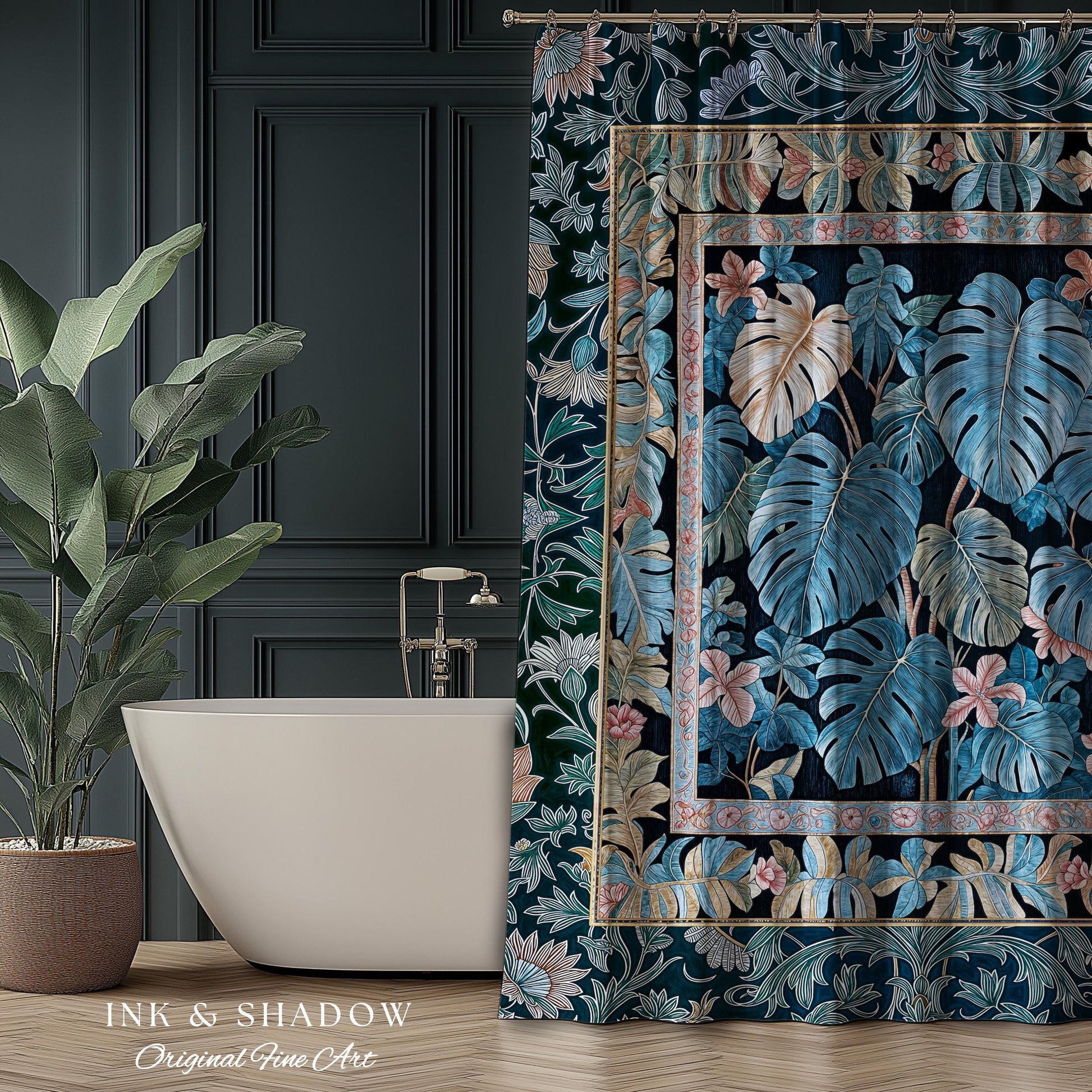 Ornate Floral Tropical Shower Curtain | Ethereal Woodland Dark Victorian Floral Houseplant Whimsical Gothic Aesthetic Monstera Bathroom |