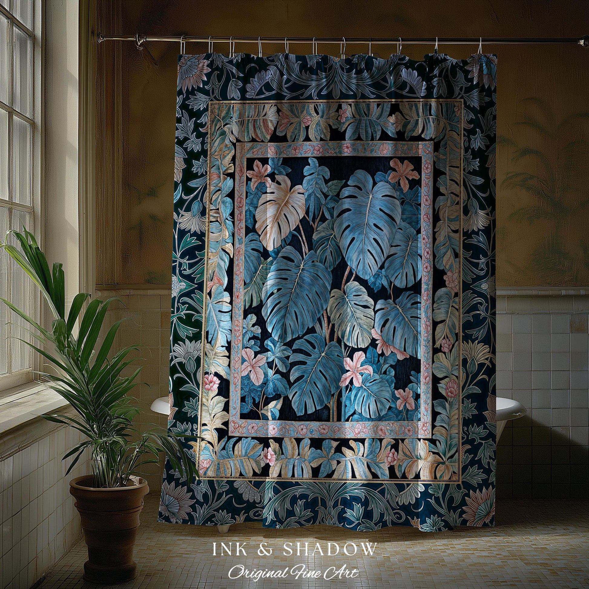 Ornate Floral Tropical Shower Curtain | Ethereal Woodland Dark Victorian Floral Houseplant Whimsical Gothic Aesthetic Monstera Bathroom |
