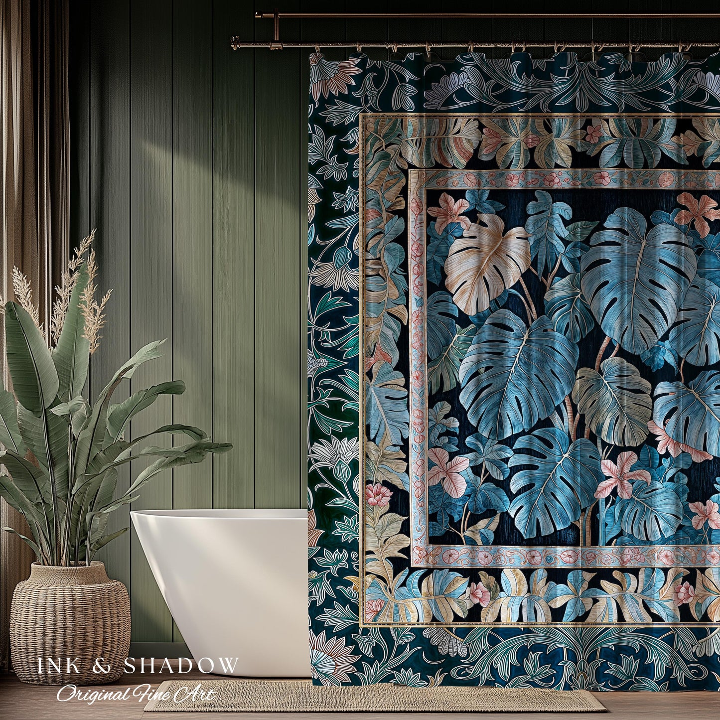 Ornate Floral Tropical Shower Curtain | Ethereal Woodland Dark Victorian Floral Houseplant Whimsical Gothic Aesthetic Monstera Bathroom |