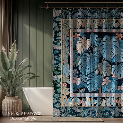 Ornate Floral Tropical Shower Curtain | Ethereal Woodland Dark Victorian Floral Houseplant Whimsical Gothic Aesthetic Monstera Bathroom |