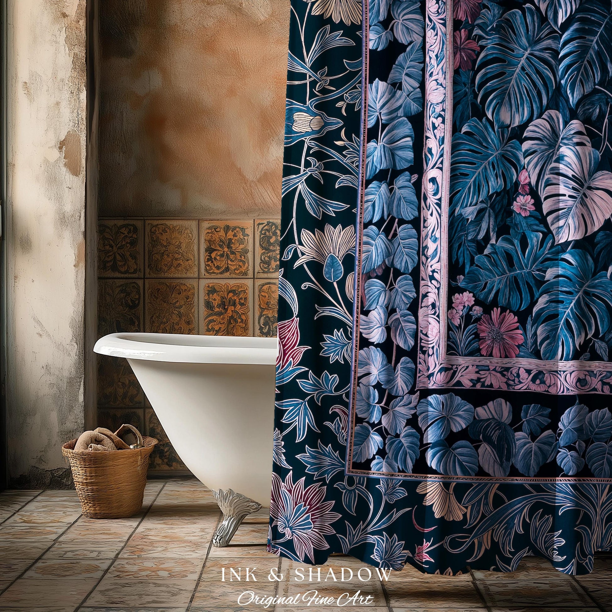 house plant shower curtain Moody Forest Monstera Shower Curtain