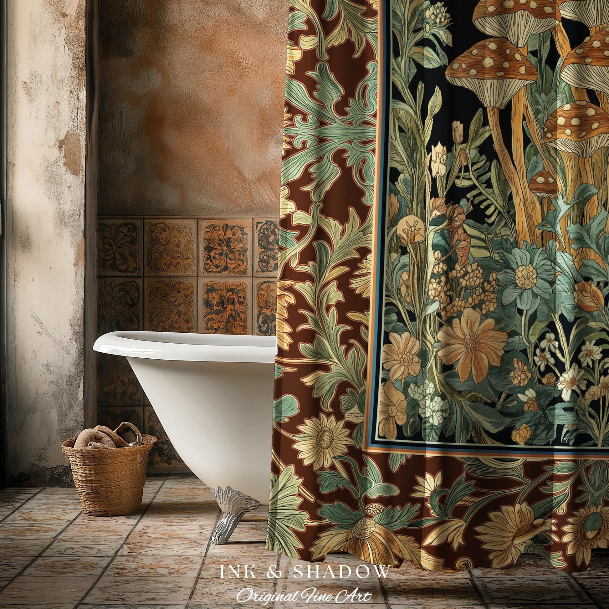 Witchy Mushroom Herbology Shower Curtain | Ethereal Fungi Forest Toadstool Decor Whimsical Cottagecore Bathroom Earth Tone Fairycore Style |