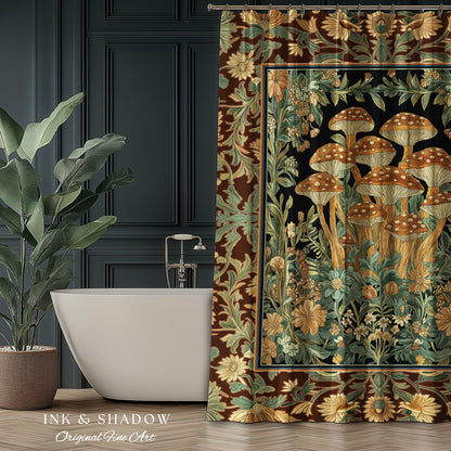 Witchy Mushroom Herbology Shower Curtain | Ethereal Fungi Forest Toadstool Decor Whimsical Cottagecore Bathroom Earth Tone Fairycore Style |