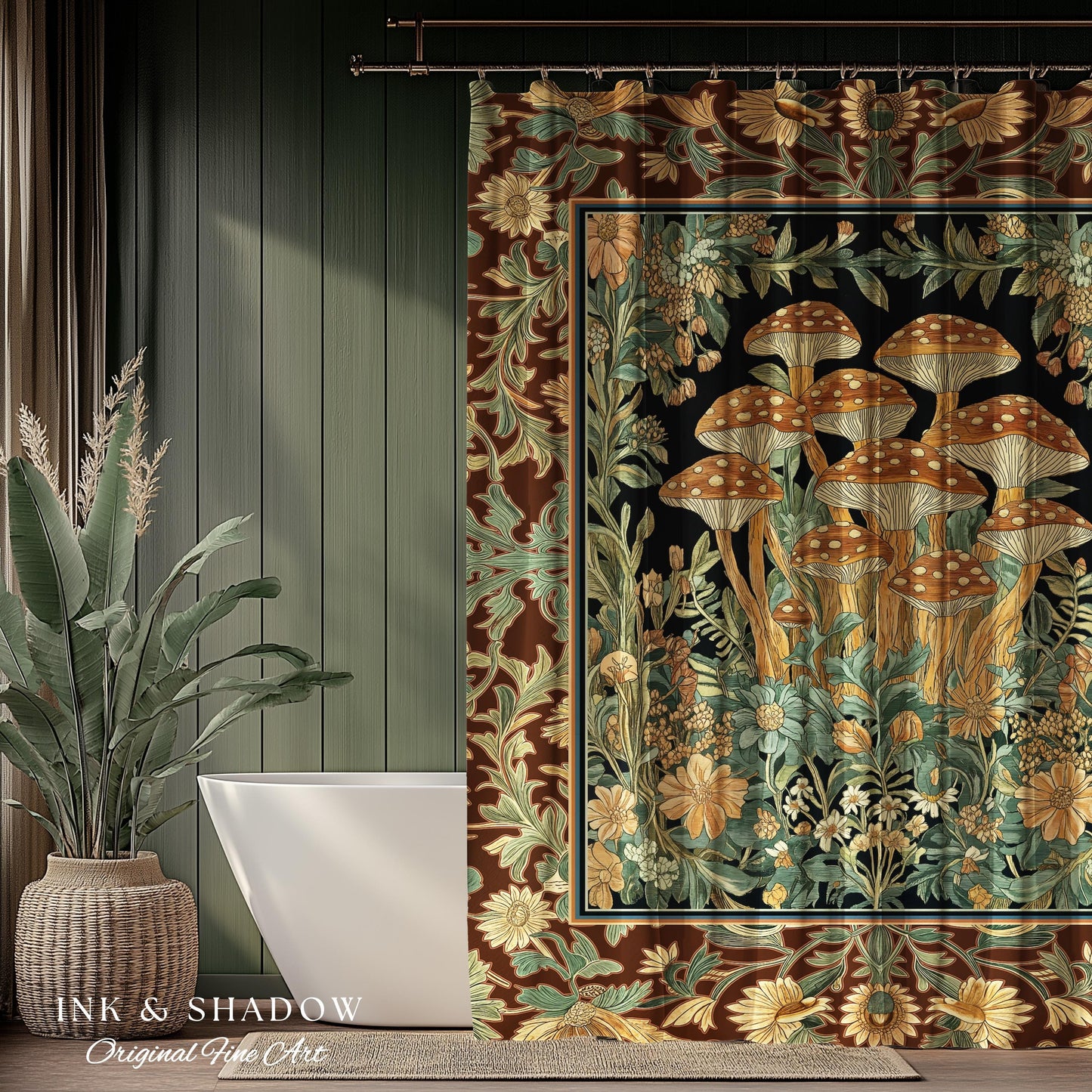 Witchy Mushroom Herbology Shower Curtain | Ethereal Fungi Forest Toadstool Decor Whimsical Cottagecore Bathroom Earth Tone Fairycore Style |
