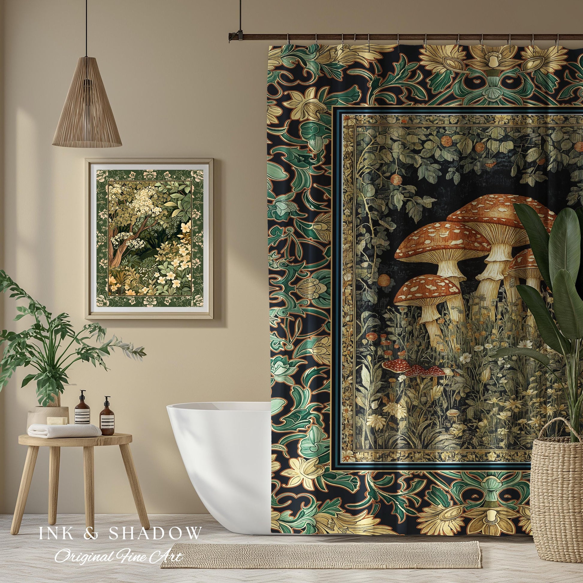 Whimsical Fungi Mushroom Shower Curtain | Mystical Forest Bathroom Decor Mushroom Lover Gift Cottagecore Earth Tone Hippie Aesthetic Bath |