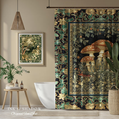 Whimsical Fungi Mushroom Shower Curtain | Mystical Forest Bathroom Decor Mushroom Lover Gift Cottagecore Earth Tone Hippie Aesthetic Bath |