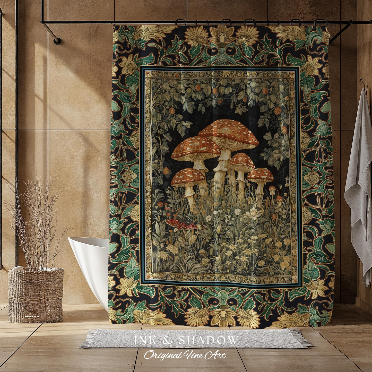 Whimsical Fungi Mushroom Shower Curtain | Mystical Forest Bathroom Decor Mushroom Lover Gift Cottagecore Earth Tone Hippie Aesthetic Bath |
