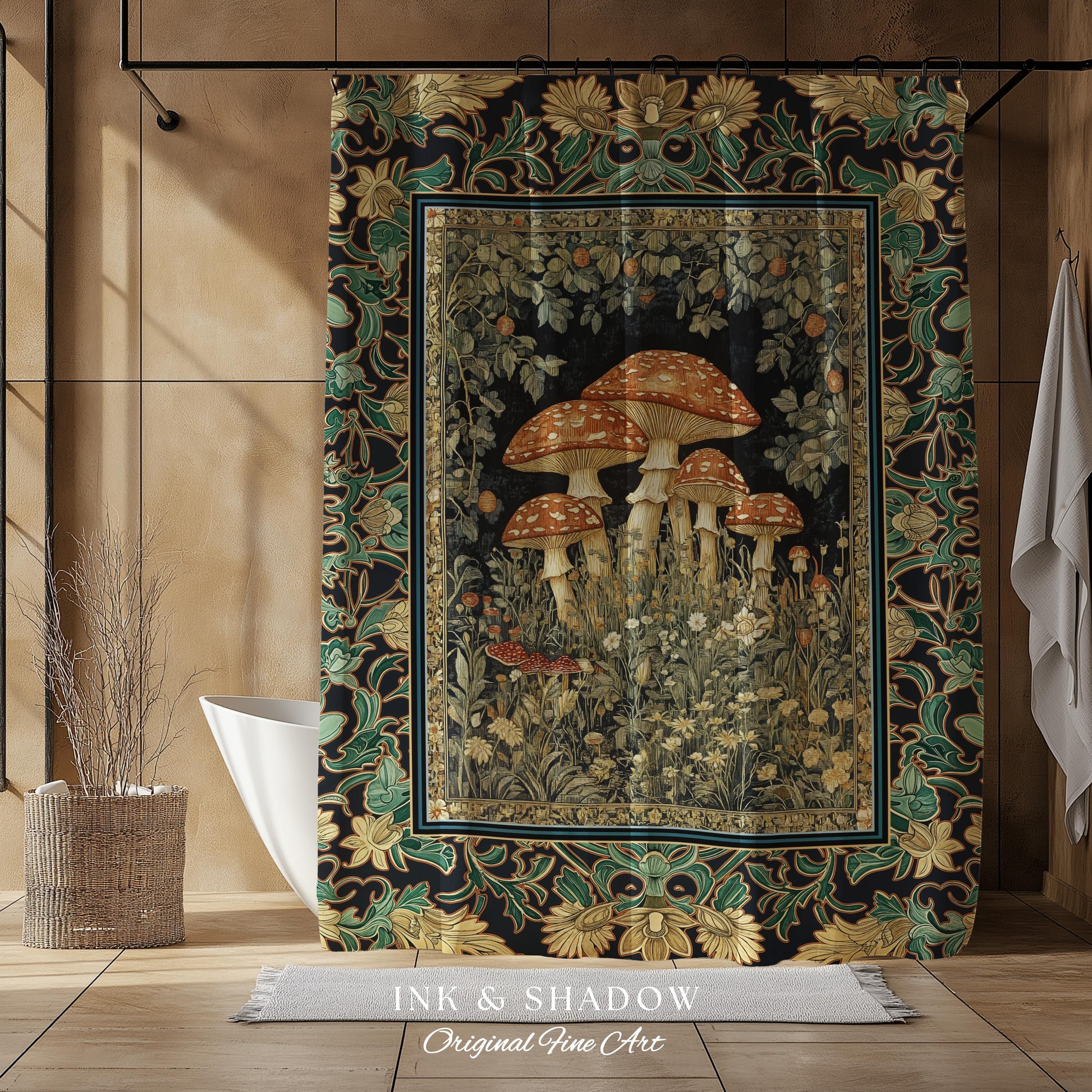 Whimsical Fungi Mushroom Shower Curtain | Mystical Forest Bathroom Decor Mushroom Lover Gift Cottagecore Earth Tone Hippie Aesthetic Bath |