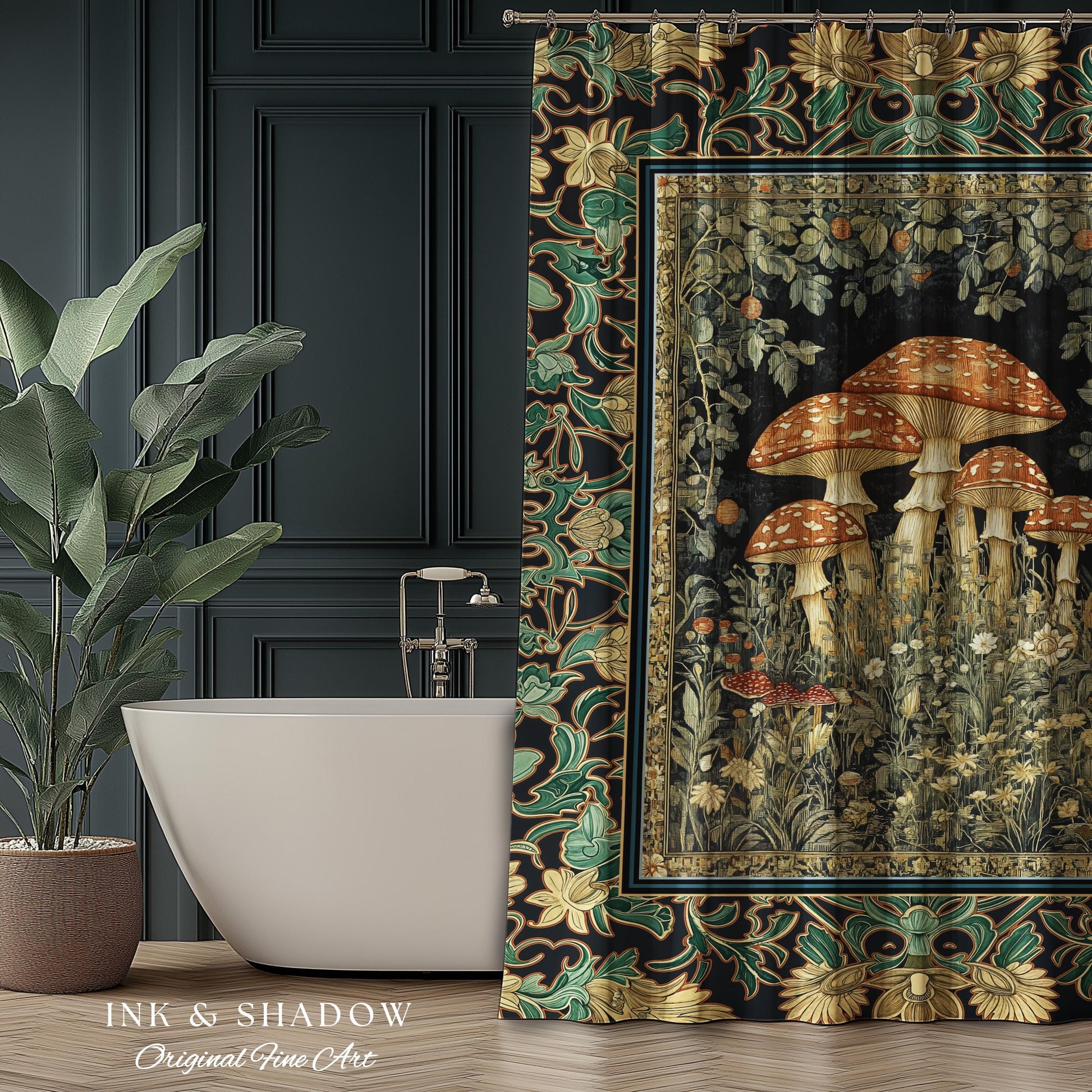 Whimsical Fungi Mushroom Shower Curtain | Mystical Forest Bathroom Decor Mushroom Lover Gift Cottagecore Earth Tone Hippie Aesthetic Bath |