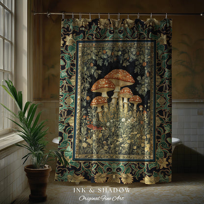 Whimsical Fungi Mushroom Shower Curtain | Mystical Forest Bathroom Decor Mushroom Lover Gift Cottagecore Earth Tone Hippie Aesthetic Bath |